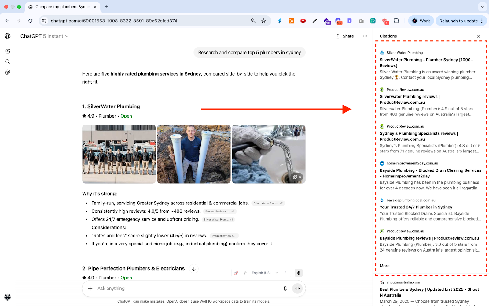 ChatGPT search result showing top Sydney plumbers with AI citations, highlighting how structured data boosts visibility for local Australian businesses - Wolf IQ