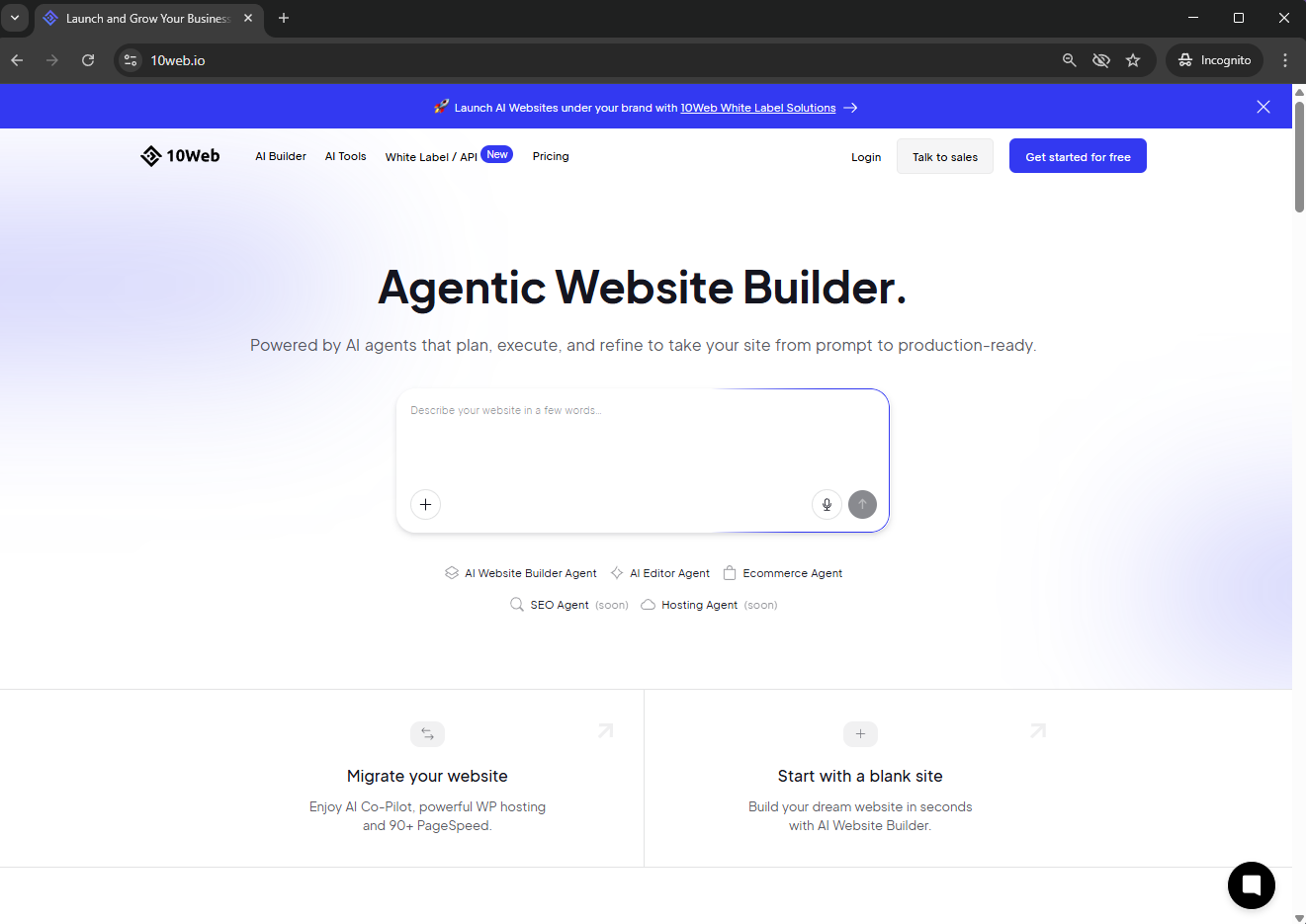 10Web AI website builder dashboard showing the automated WordPress site generation process