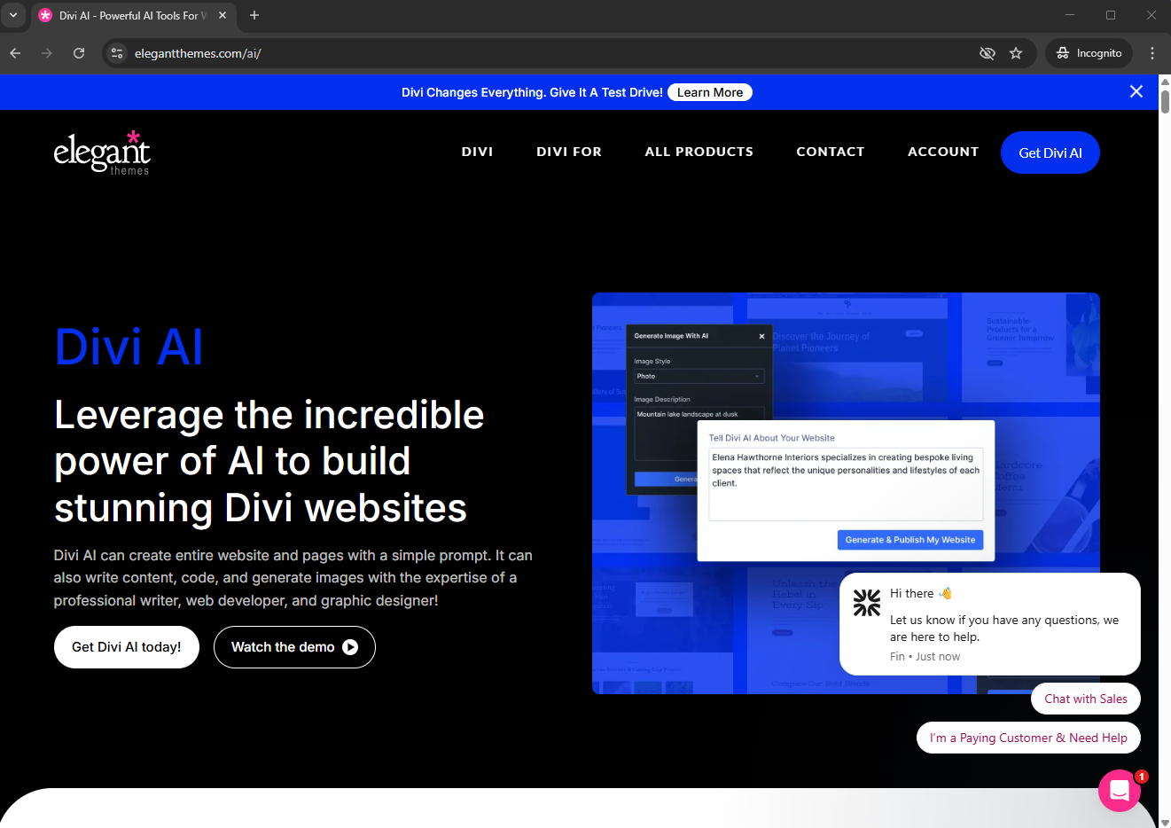 Divi AI website builder showcase featuring deeply integrated AI design features