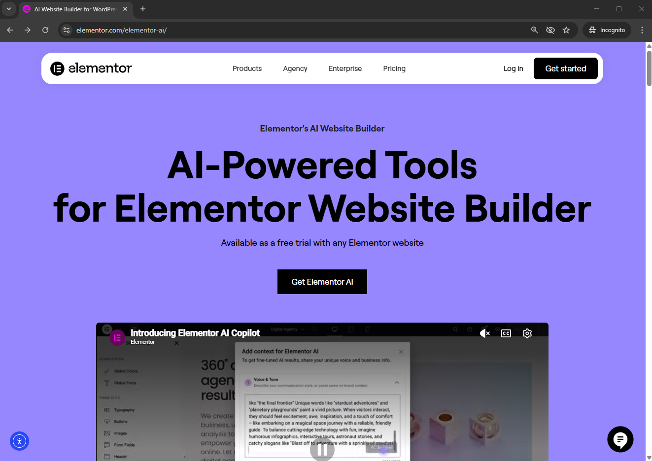 Elementor AI website builder interface showing integrated AI tools for layout and copy