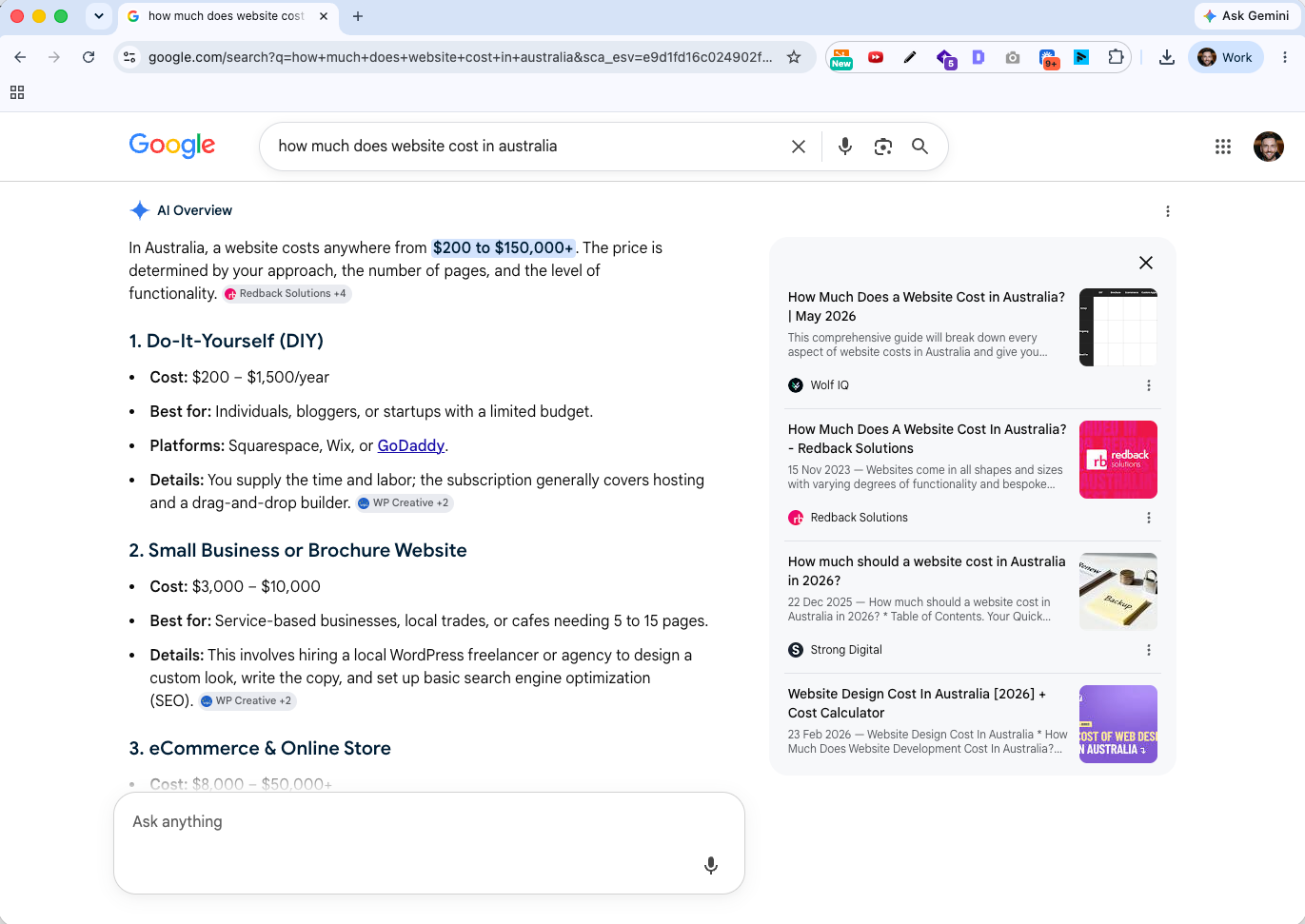Google search results page showing an AI Overview for the query how much does website cost in Australia, with Wolf IQ ranking as the top featured result - Wolf IQ