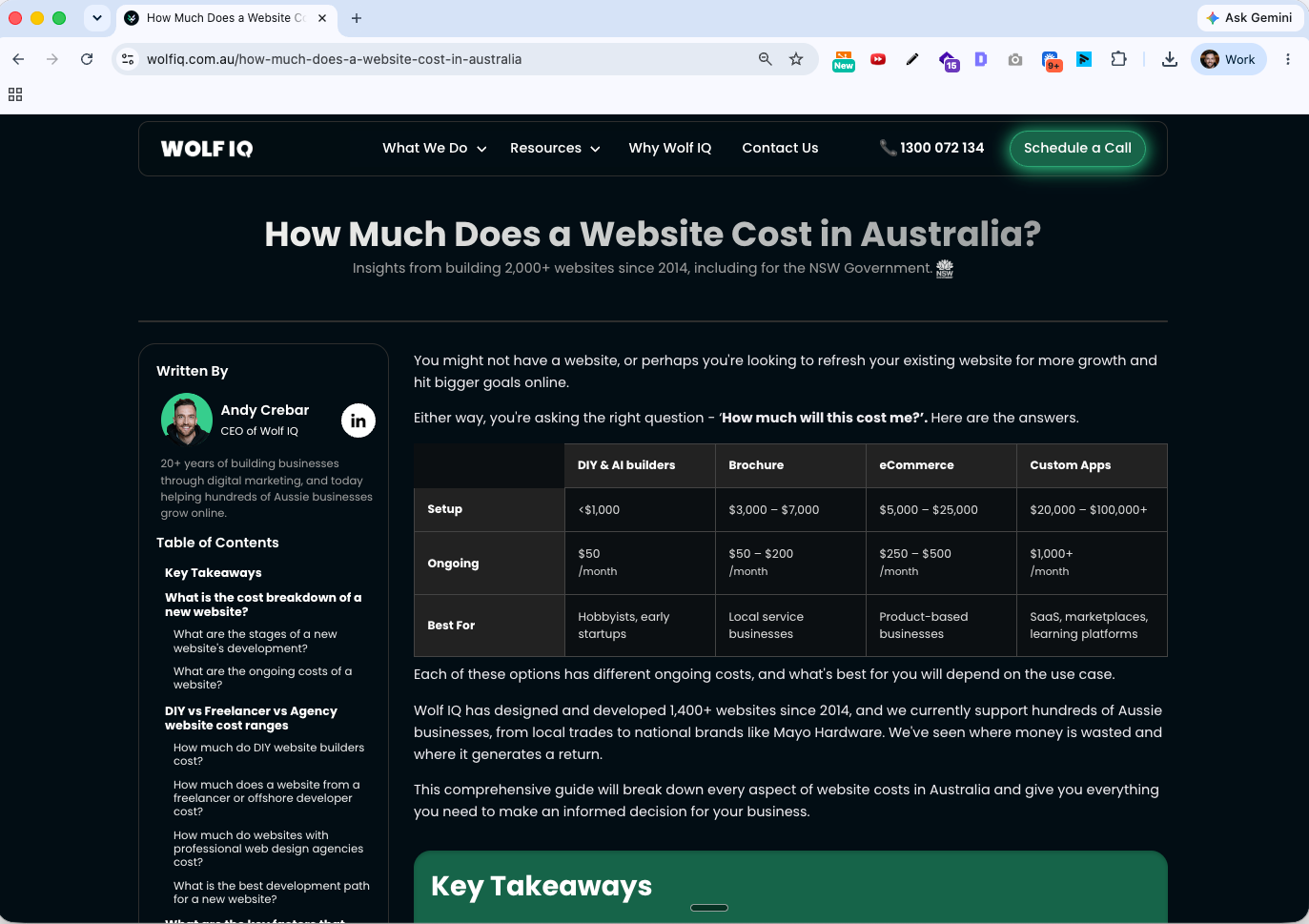 Screenshot of the Wolf IQ How Much Does a Website Cost in Australia article, showing a cost comparison table - Wolf IQ
