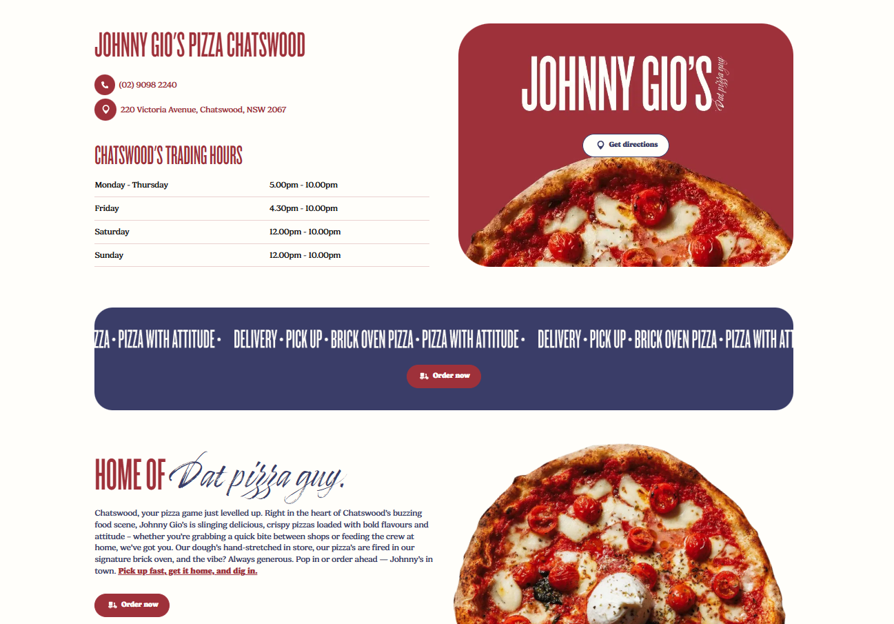 Hyper-local landing page example for Johnny Gio's Pizza Chatswood