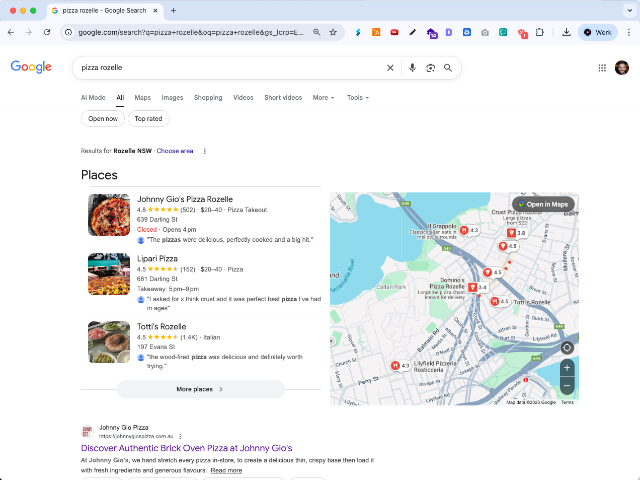 Google search results page for Johnny Gio's Pizza in Rozelle showing top local map pack rankings