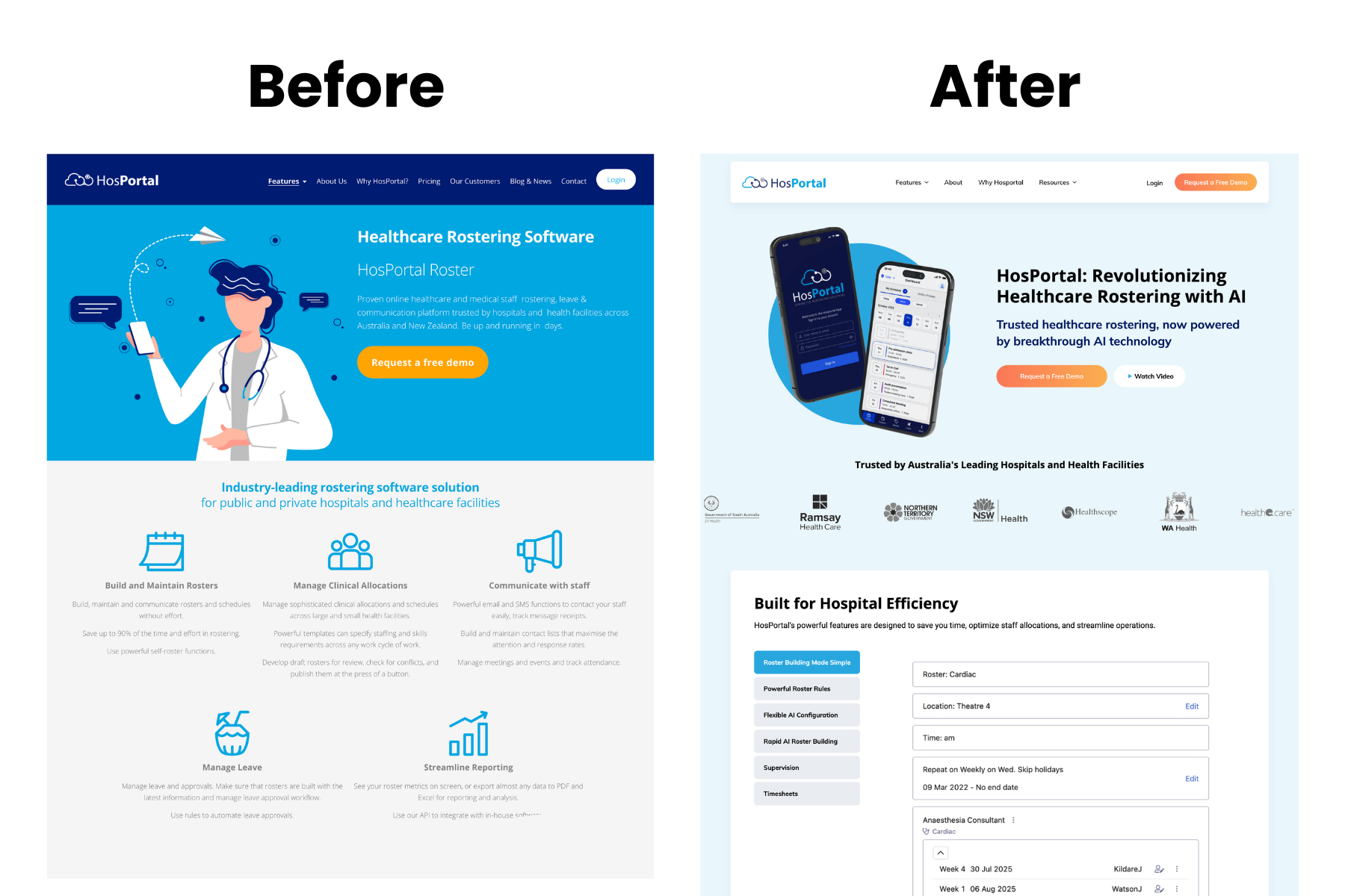 Website Redesign Example of Hosportal - b2b software repositioning - Hosportal before and after website redesign