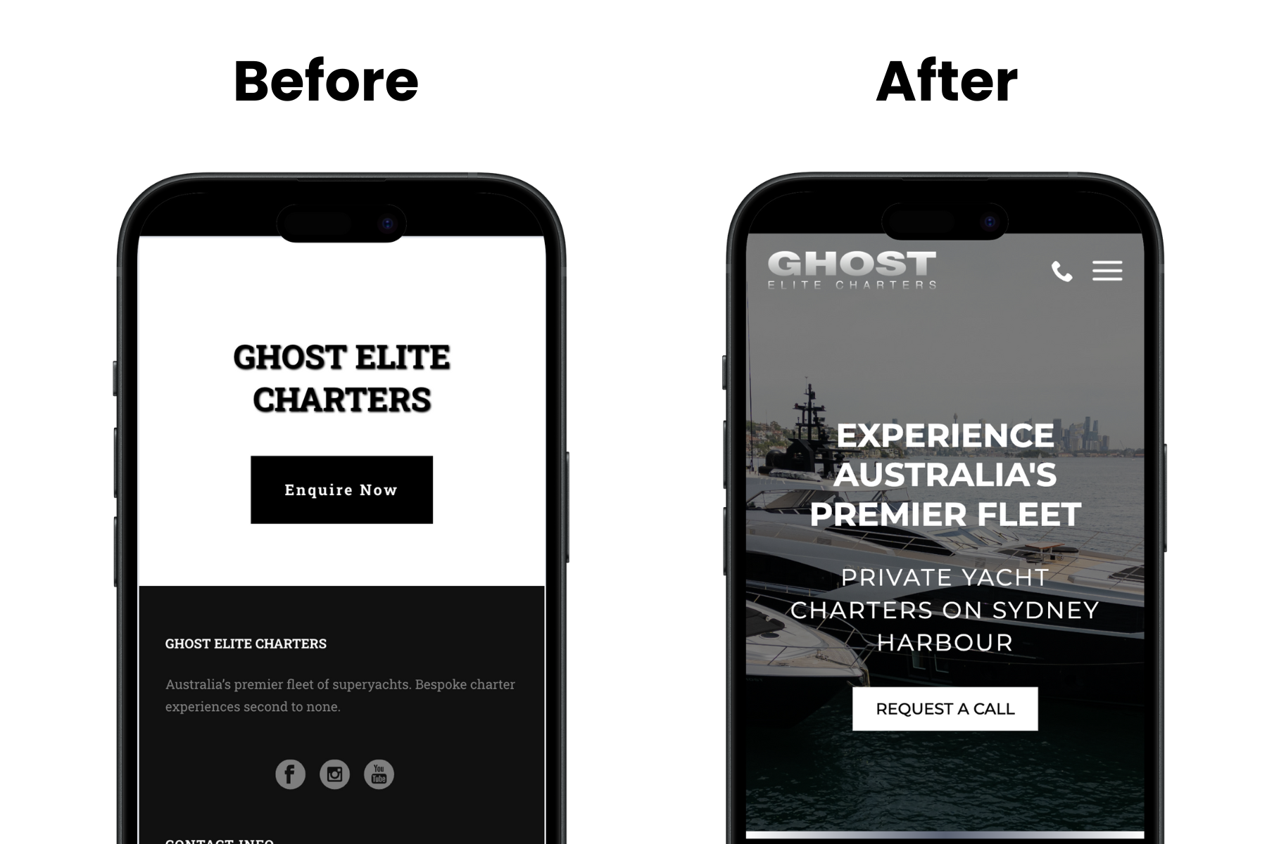 Mobile redesign example for Ghost Charter Experiences - Ghost Charter Experiences before and after mobile redesign