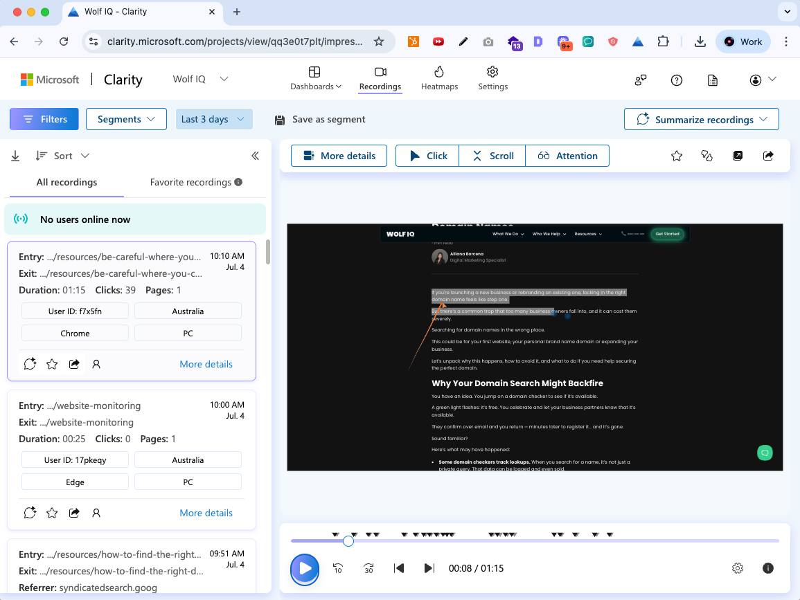 Microsoft Clarity dashboard recording showing user clicks, scroll depth, and attention on a website page - Wolf IQ