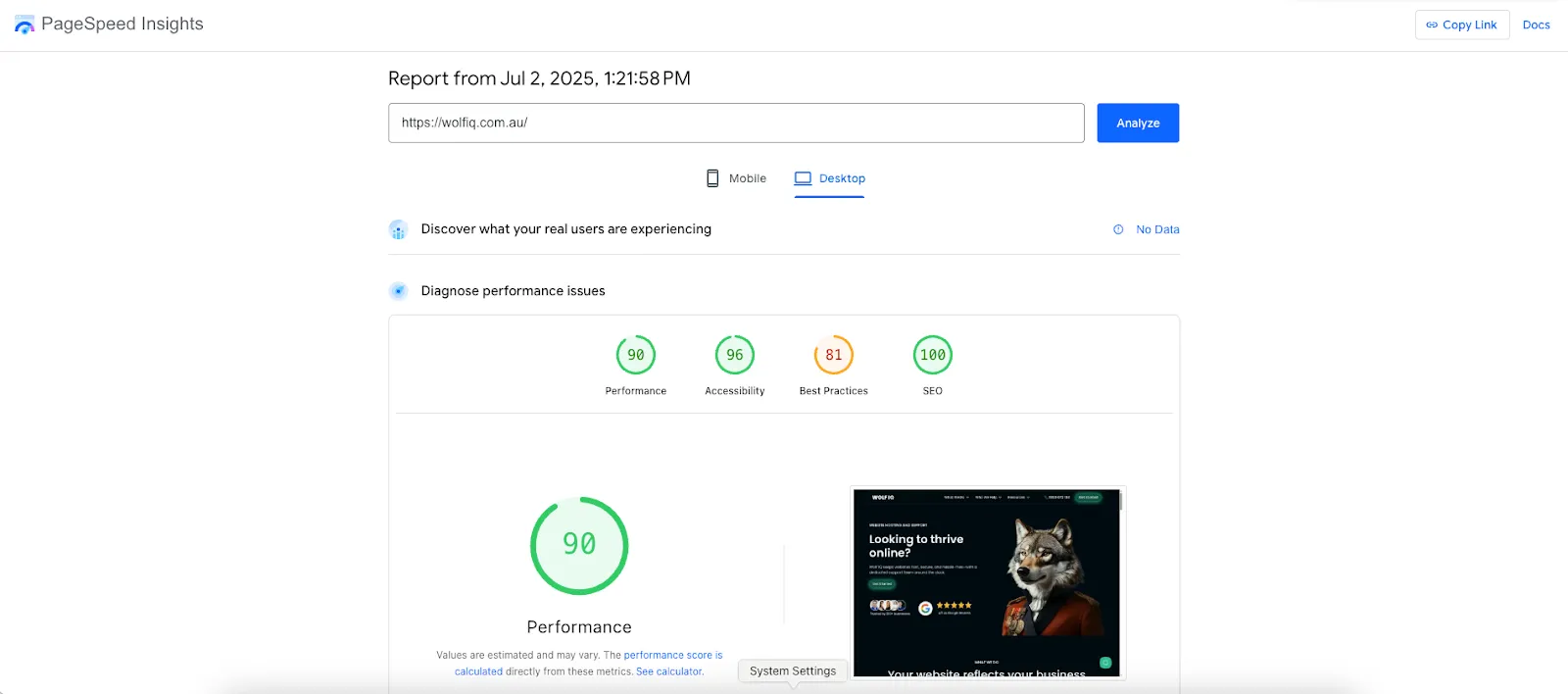 PageSpeed Insights report for wolfiq.com.au showing performance, accessibility, best practices, and SEO scores - Wolf IQ