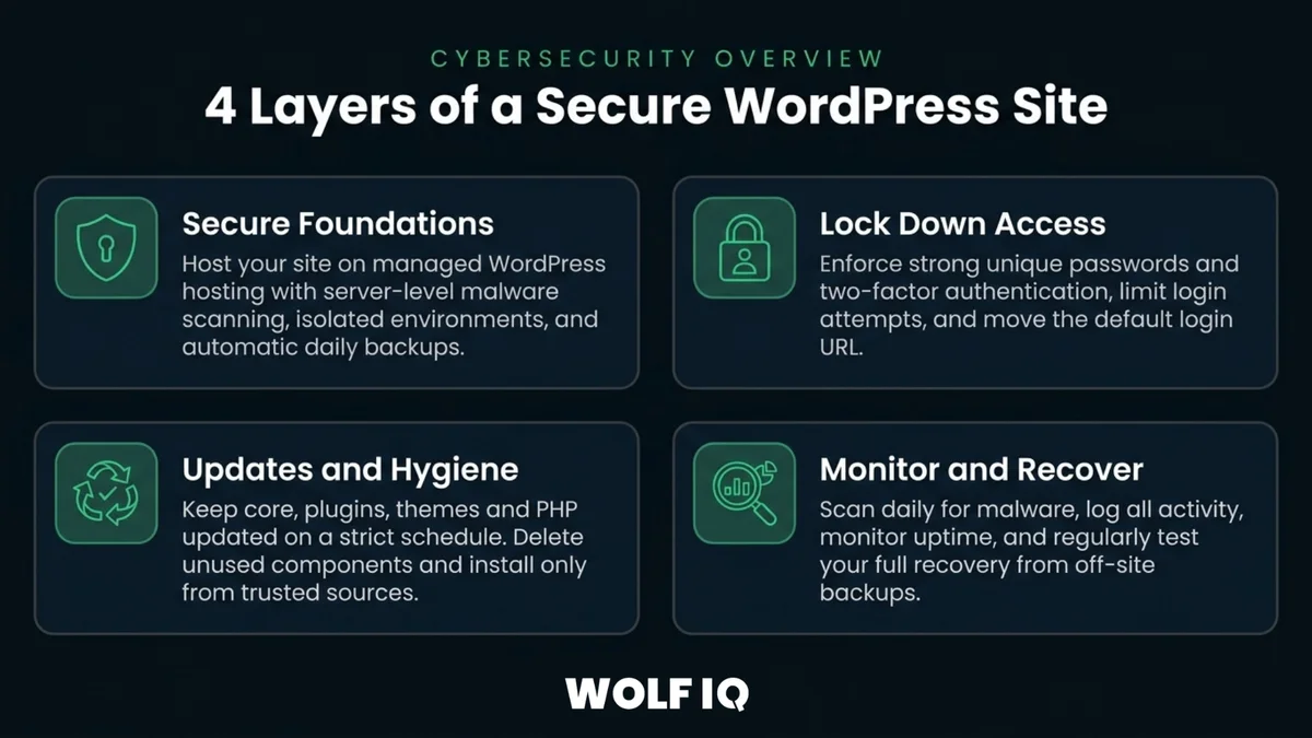 The four layers of a secure WordPress site: secure foundations with managed hosting and daily backups, lock down access with strong passwords and two-factor authentication, updates and hygiene keeping core and plugins current, and monitor and recover with daily malware scans and tested backups.