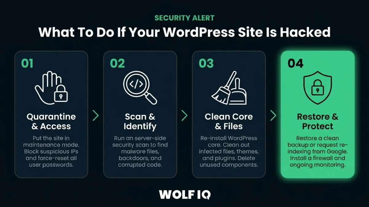 Four steps to take if your WordPress site is hacked: quarantine and access by putting the site in maintenance mode and resetting all user passwords, scan and identify malware files and backdoors, clean core and files by reinstalling WordPress and removing infected themes and plugins, then restore and protect using a clean backup with a firewall and ongoing monitoring.