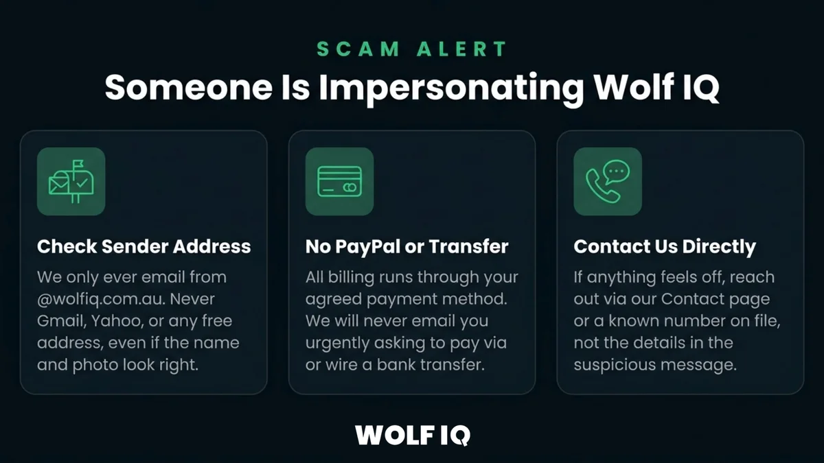 Scam alert explaining how to tell if someone is impersonating Wolf IQ: check the sender address is @wolfiq.com.au and never a free email service, know that all billing runs through your agreed payment method and never an urgent PayPal or bank transfer request, and contact us through our Contact page or a known number rather than the details in a suspicious message.