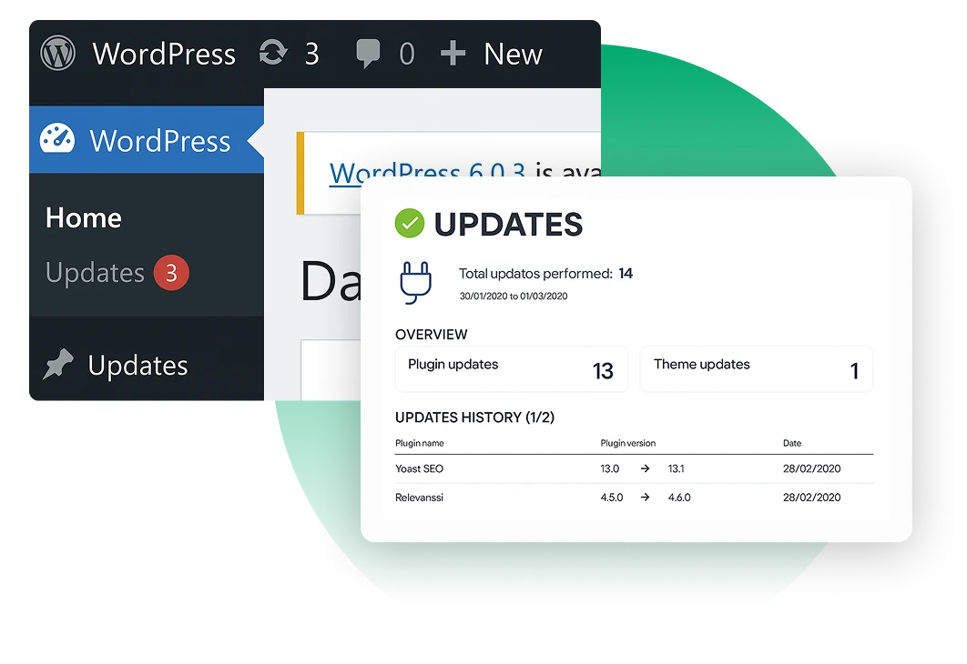 WordPress dashboard showing 14 total updates including plugin and theme updates