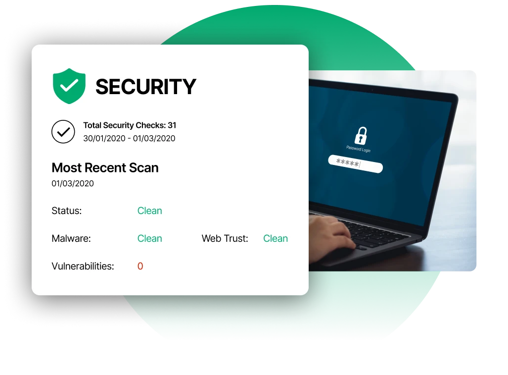 Security scan dashboard showing clean malware status and zero vulnerabilities