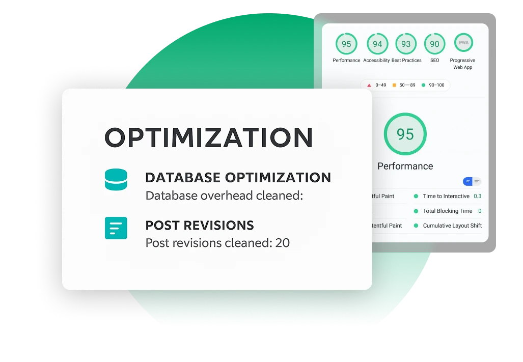 Website performance scorecard showing metrics above 90