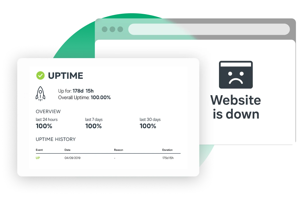Uptime monitoring panel showing 100% uptime stats