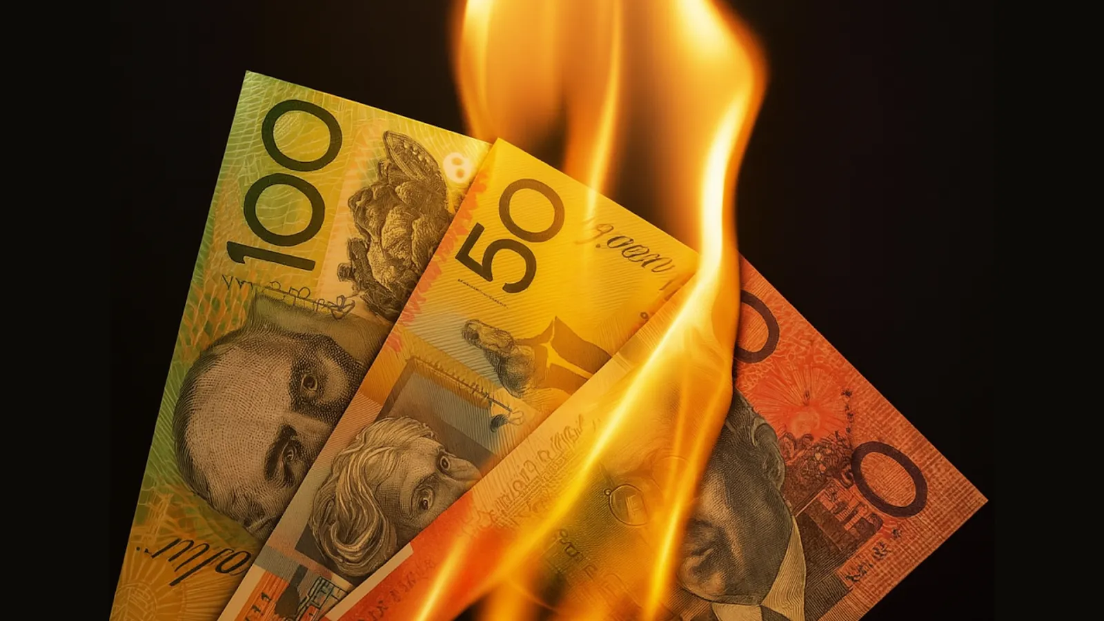 Australian $100, $50, and $20 notes on fire symbolising wasted business spending - Wolf IQ