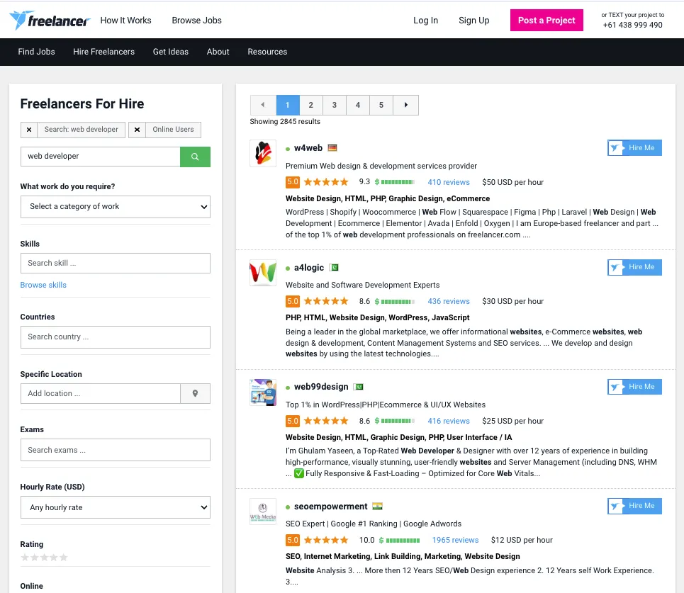 Freelancer.com web developer listings with ratings, skills, and hourly pricing filters - Wolf IQ