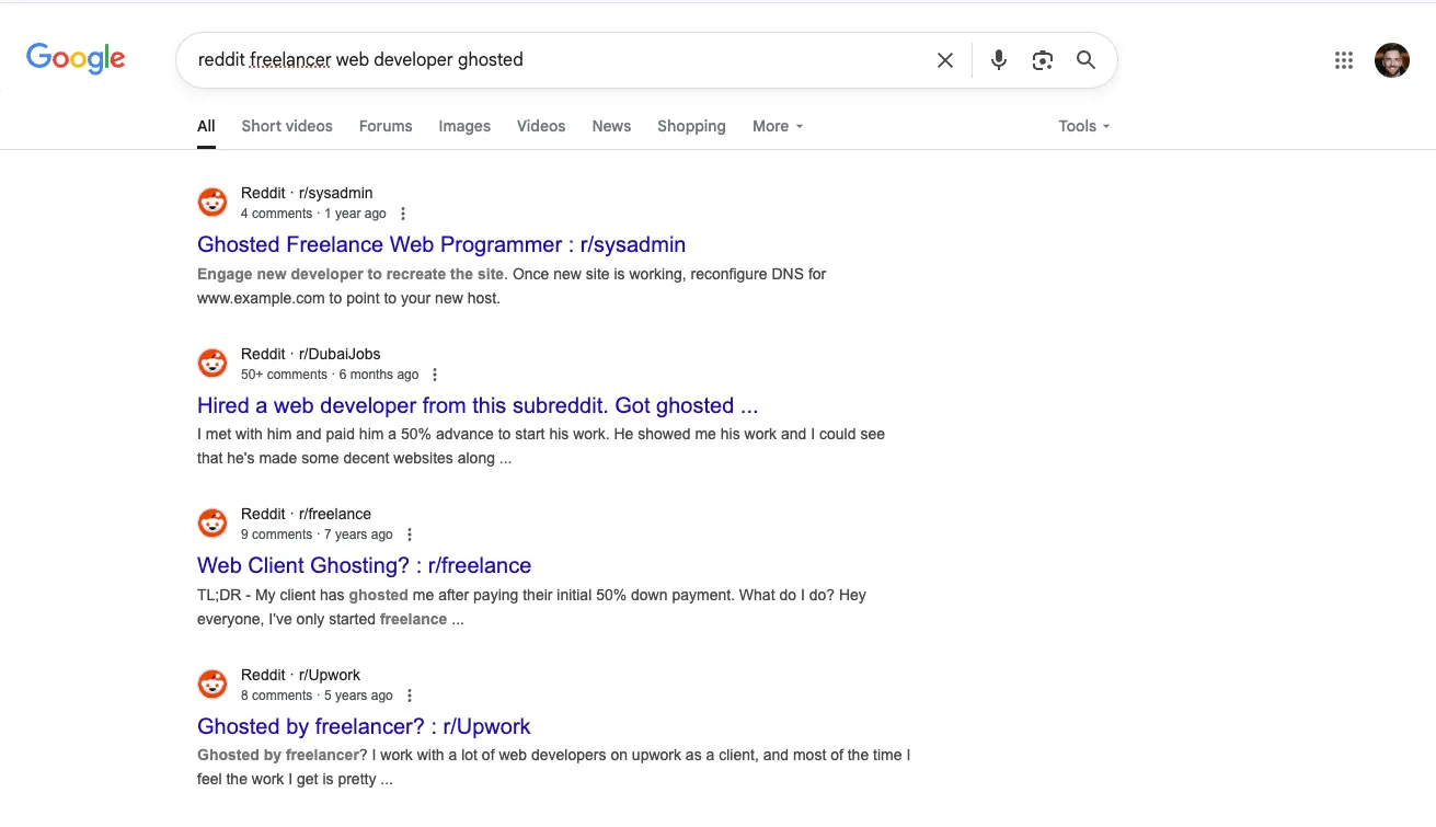 Google search results showing Reddit threads about being ghosted by freelance developers - Wolf IQ