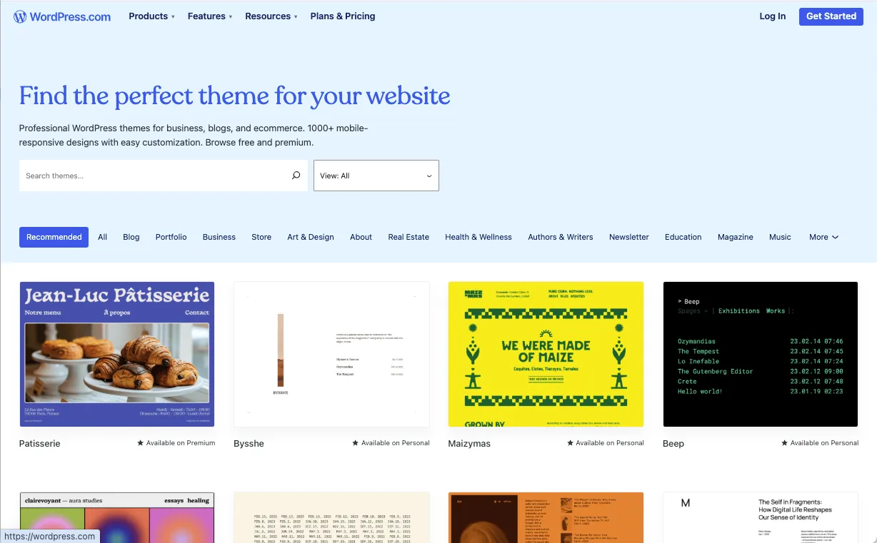 WordPress.com page displaying a range of professional themes for business websites - Wolf IQ