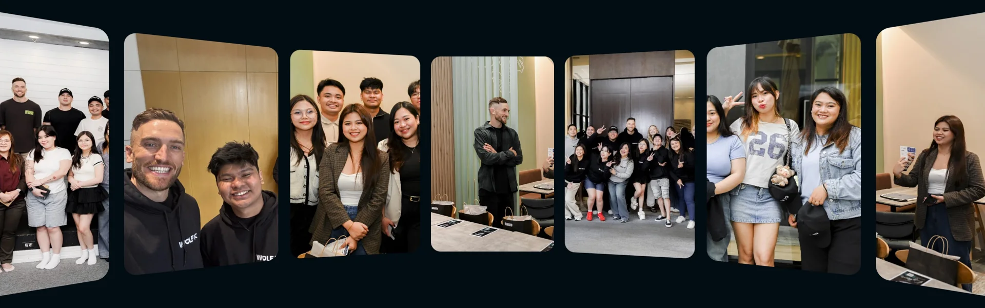 Seven photos of the Wolf IQ team: Andy Crebar, the full team in hoodies and colleagues in the Manila office