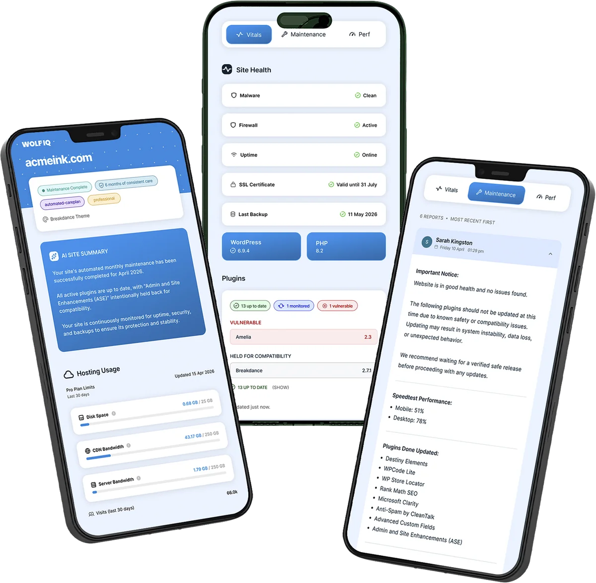 Wolf IQ Radar — website intelligence portal showing site health, performance, and maintenance reports