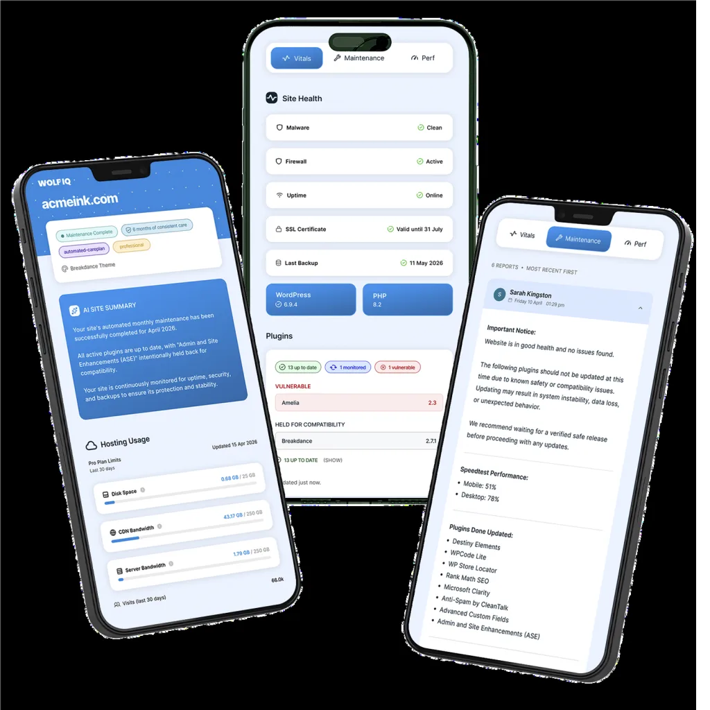 Wolf IQ Radar — website intelligence portal showing site health, performance, and maintenance reports